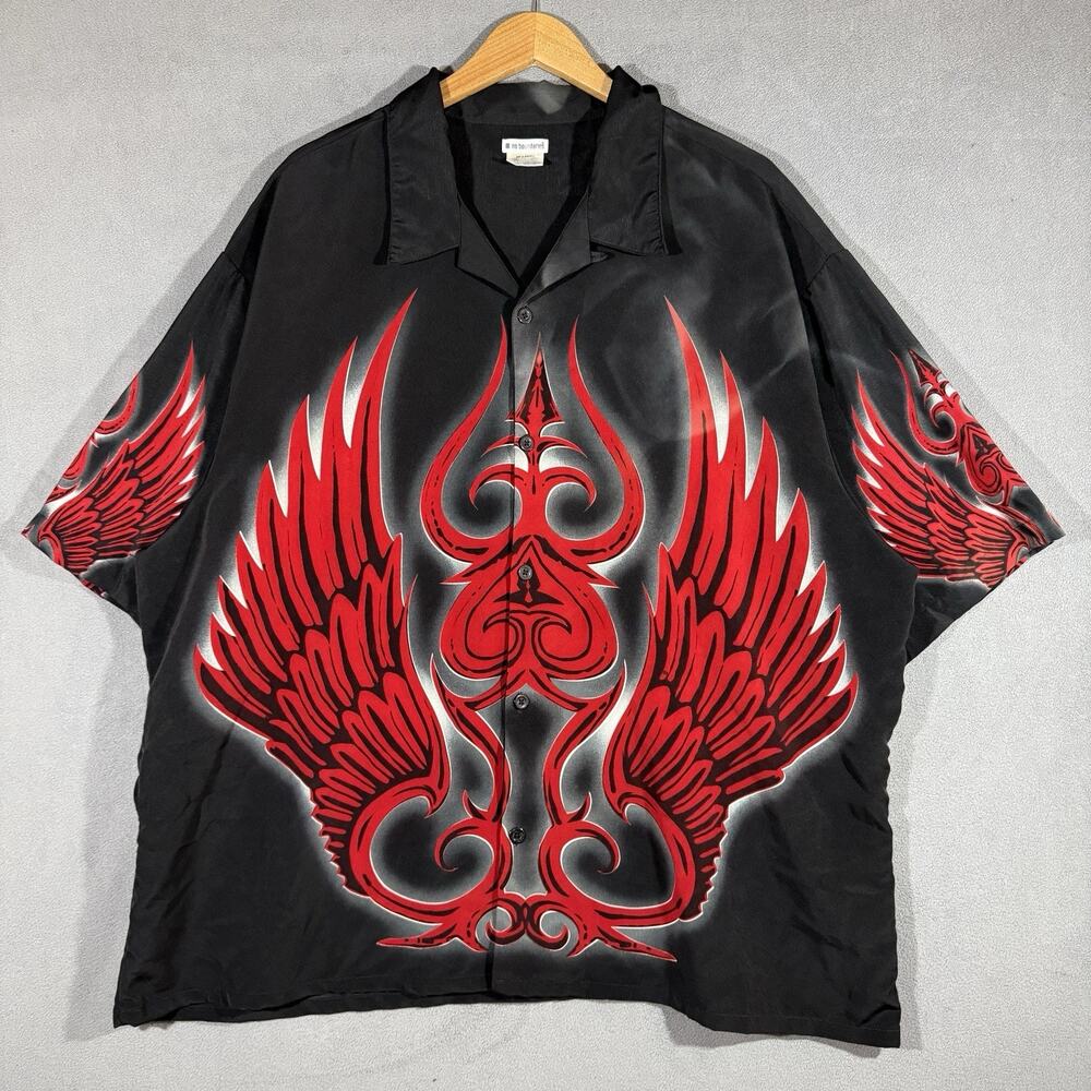 Men's Y2K No Boundaries Black Button Up Shirt Red Winged Graphic 2XL XXL Flames